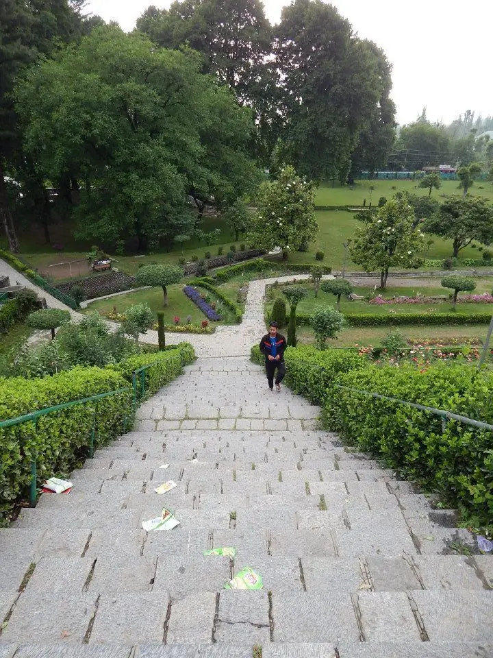 Terraced lawns and trees at Harwan Garden in Srinagar, Kashmir, on the road toward Dachigam