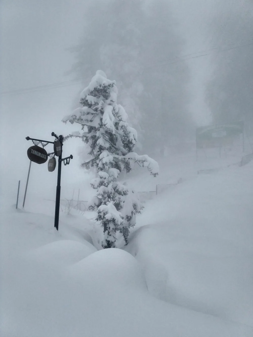 Snowy forest trail near Gulmarg with a road sign pointing toward Tangmarg