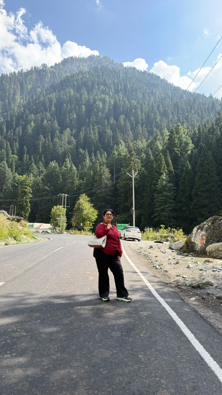 A guest in a red top standing on an almost empty mountain road, with a white car parked at the roadside, large boulders and a pine-covered mountain behind