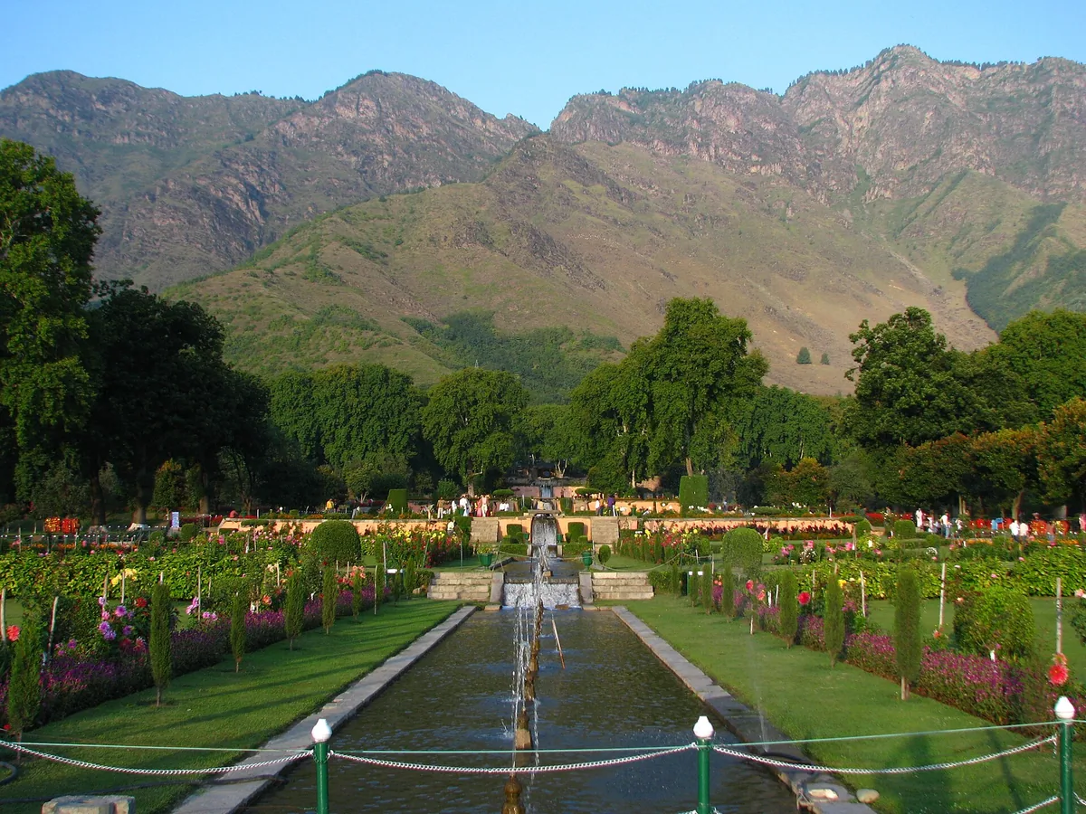 Terraced lawns and flower beds at Nishat Bagh on the eastern shore of Dal Lake in Srinagar