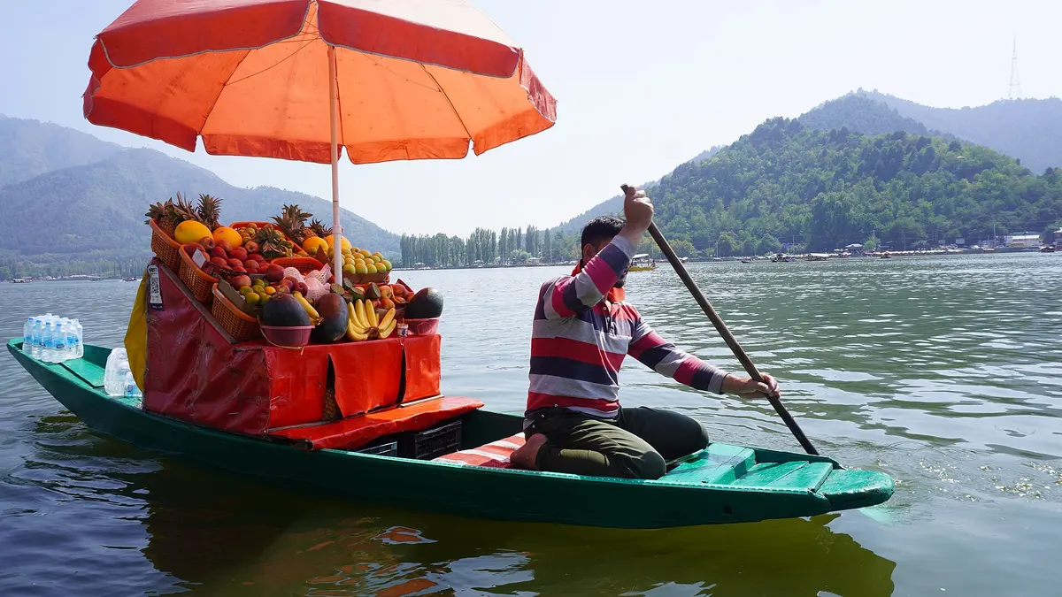 A fruit seller under an orange umbrella paddling a shikara stacked with pineapples, melons and bananas on Dal Lake, Srinagar