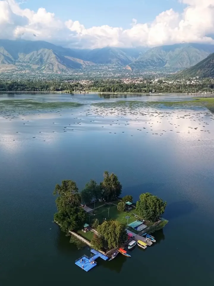 Drone view of Char Chinar island on Dal Lake: chinar trees, a lawn with paths and lamp posts, and boats moored at a walkway