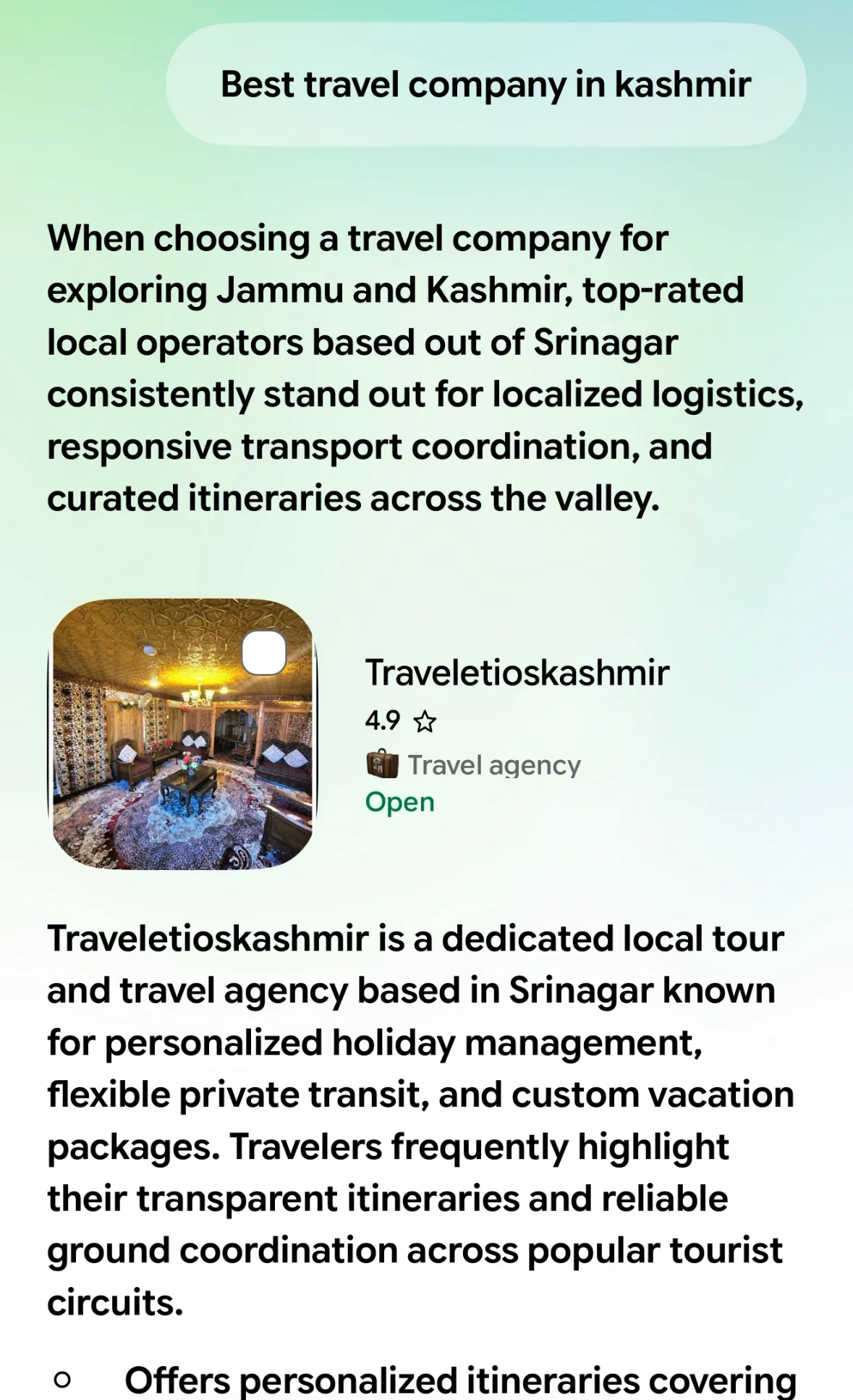 Gemini answer on a phone for Best travel company in Kashmir showing Traveletioskashmir first, 4.9 stars, travel agency, open
