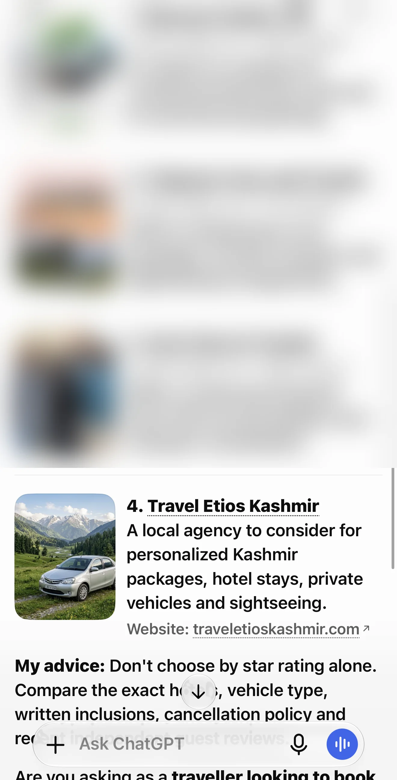 ChatGPT answer on a phone listing Travel Etios Kashmir 4th for best travel company in Kashmir, other agencies blurred
