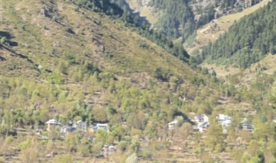 A Kashmir mountain valley with pine-covered slopes and a small village of tin roofs on the valley floor
