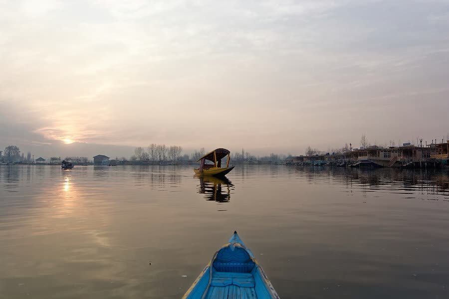 Shikaras on Dal Lake at sunset