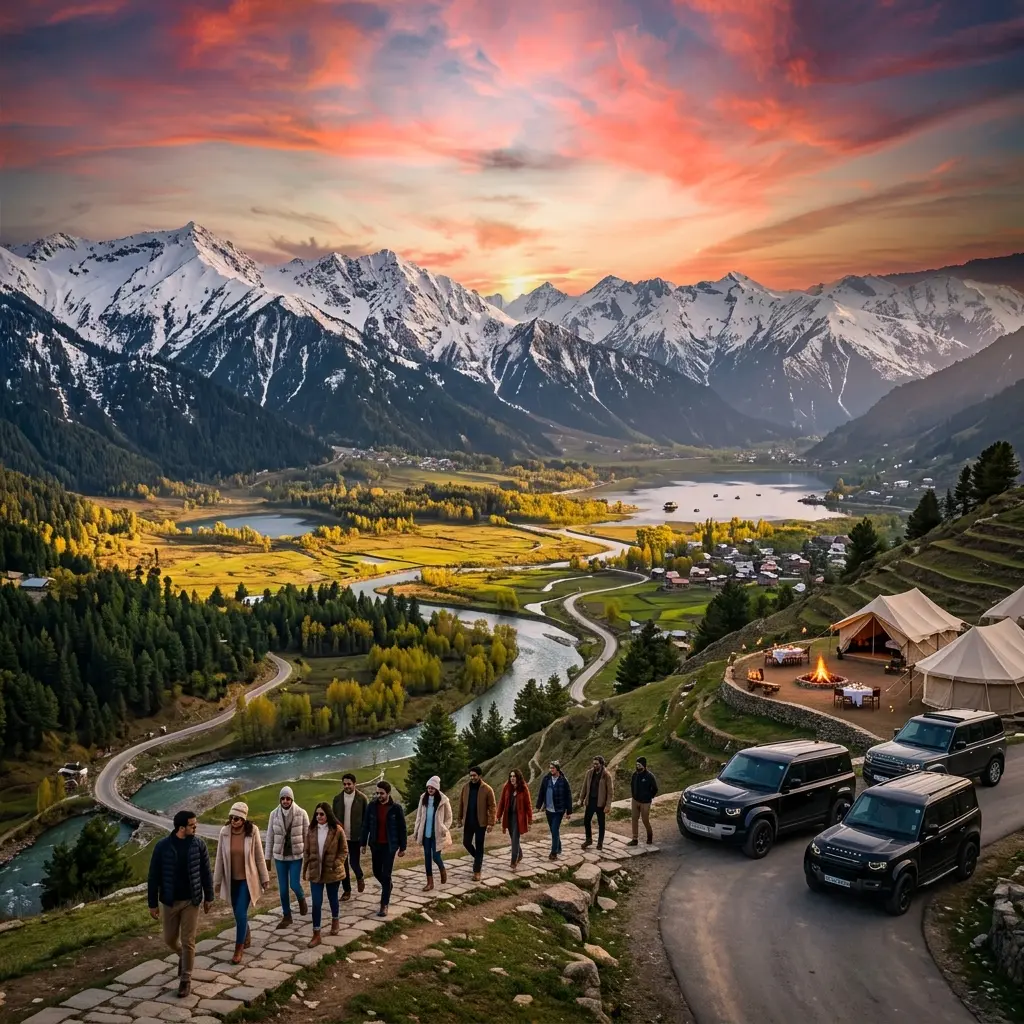 Travelers and private vehicles on a Kashmir valley itinerary