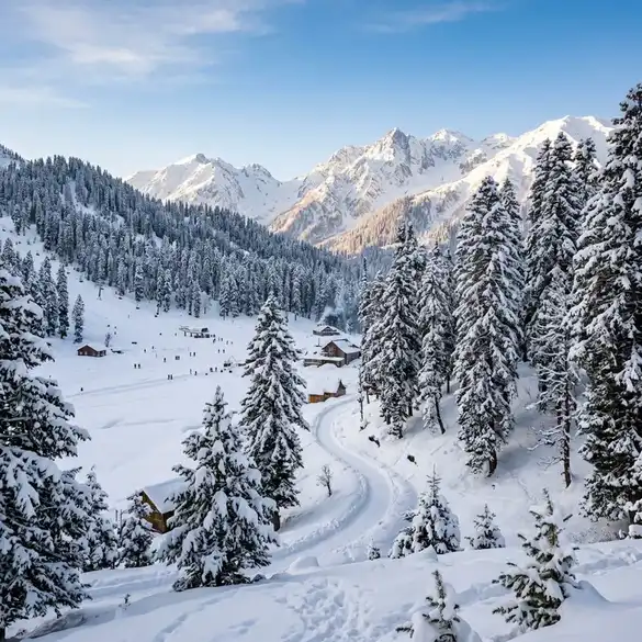 Snow-covered ski slopes and pine forest at Gulmarg