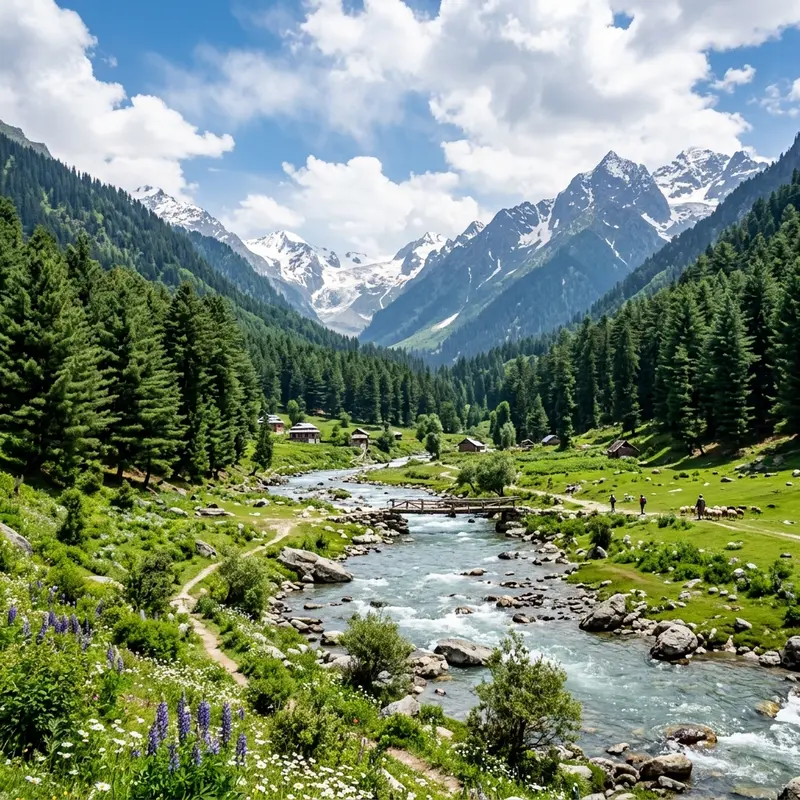 Pine valley, river and green meadows at Pahalgam
